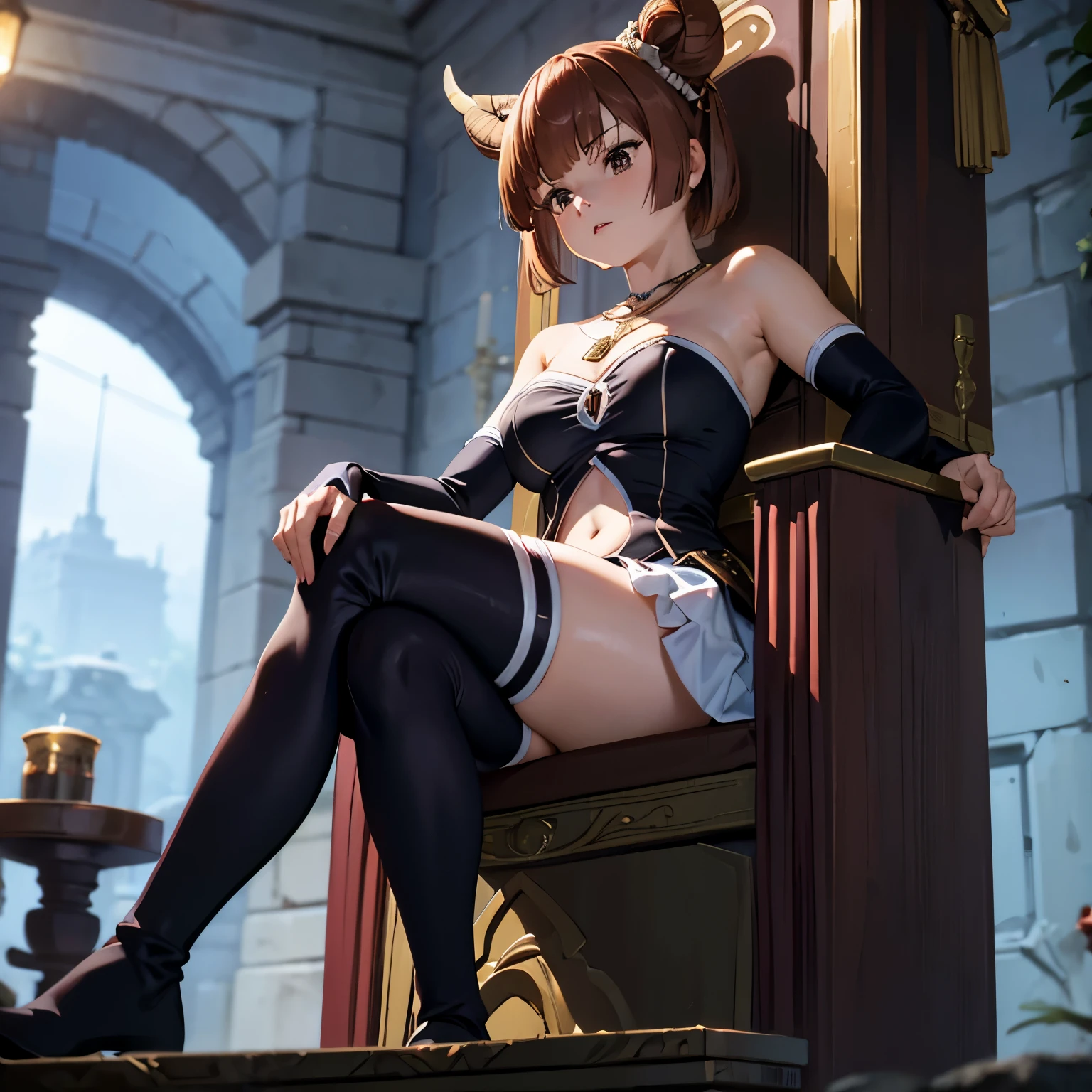 (best quality), (highly detailed), masterpiece, (official art), navel, cleavage, navel cutout, bare shoulders, skirt, thighhighs, black thighhighs, gloves, strapless dress, white skirt, choker, black gloves, elbow gloves, necklace, red waist cape, zettai ryouiki, horn, thigh boots, 1girl, solo, medium breast, LAUFEN, SHORT HAIR, DOUBLE BUN, BLUNT BANGS, Laofen, brown hair, double bun, brown eyes, hair_ornament, (((siting on throne, throne, sitting)))