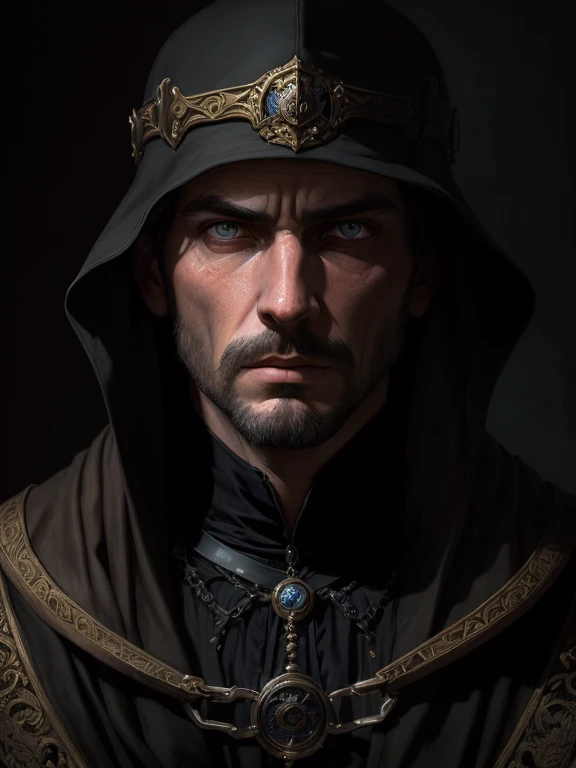 (dark theme:0.9), medieval portrait of a man sharp features, grim, cold stare, dark colors, Volumetric lighting, baroque oil painting by Greg Rutkowski, Artgerm, WLOP, Alphonse Mucha dynamic lighting hyperdetailed intricately detailed, (hdr:1.22), muted colors, complex background, hyperrealism, hyperdetailed, amandine van ray