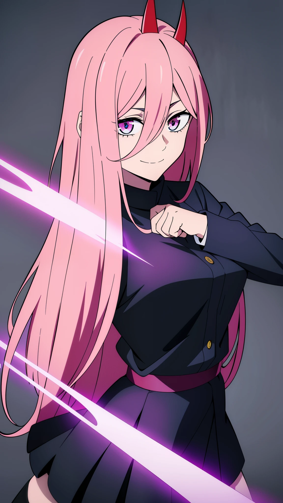 (high-quality, breathtaking),(expressive eyes, perfect face) 1girl, female, solo, teenager, pink hair, yellow and red eye color, long hair length, looking at viewer, half body, bright smile, kind face, cheerful expression, red sharp horns, anime shark teeth, dark black blue long sleeved shirt, collared shirt, ((dark black blue Skirt)), black thigh high socks, absolute territory jujutsu kaisen uniform, jujutsu high school uniform, flowy hair, feminine face, long straight hair, grey background, portrait, stylized hairstyle, Power from chainsaw man inspired, (vibrant light pink hair), powers eyes design