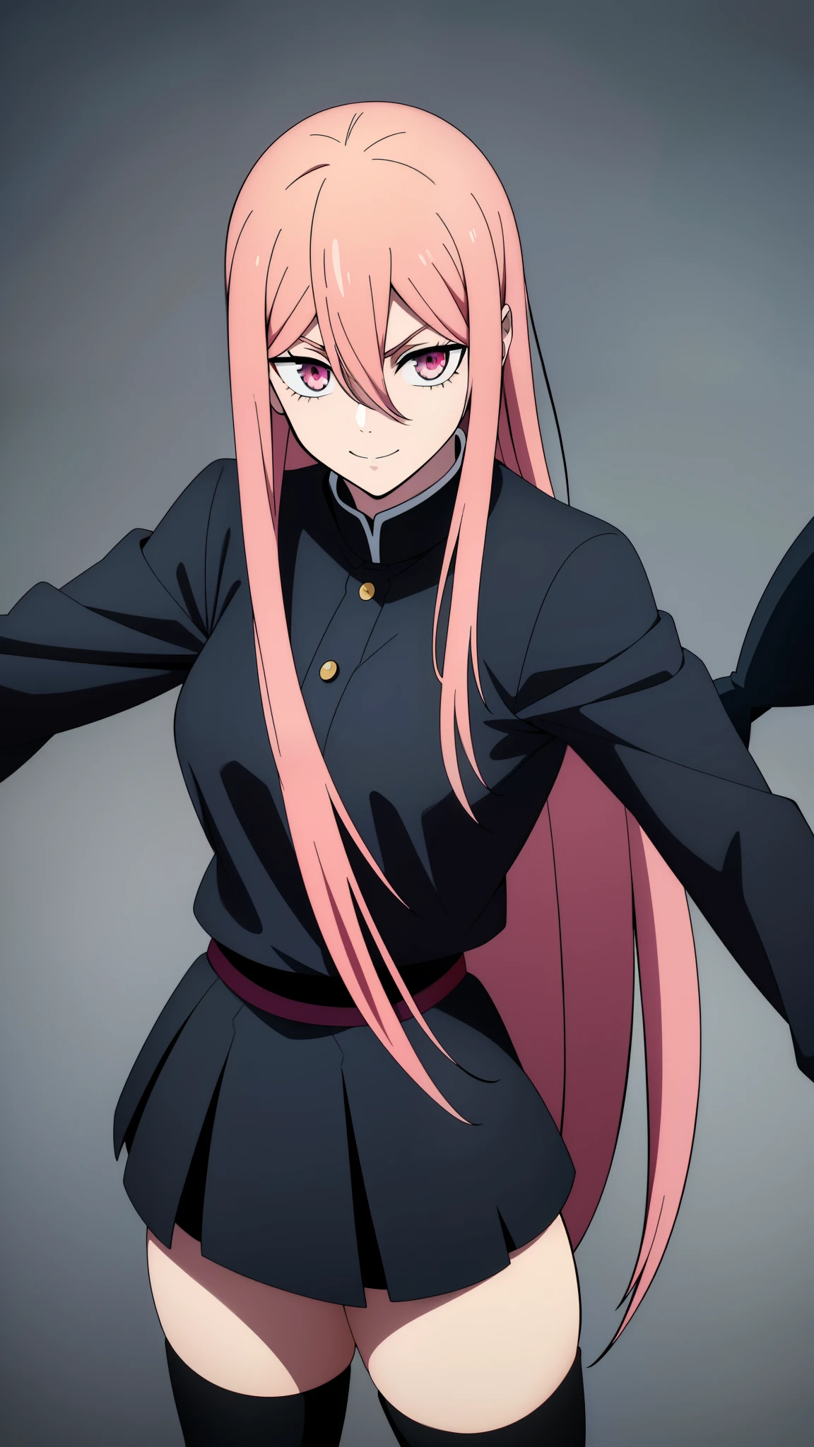 (high-quality, breathtaking),(expressive eyes, perfect face) 1girl, female, solo, teenager, pink hair, yellow and red eye color, long hair length, looking at viewer, half body, bright smile, kind face, cheerful expression, red sharp horns, anime shark teeth, dark black blue long sleeved shirt, collared shirt, ((dark black blue Skirt)), black thigh high socks, absolute territory jujutsu kaisen uniform, jujutsu high school uniform, flowy hair, feminine face, long straight hair, grey background, portrait, stylized hairstyle, Power from chainsaw man inspired, (vibrant light pink hair), powers eyes design