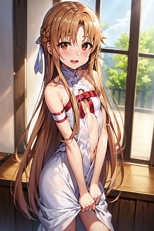 ((Best Quality)), ((masterpiece)), (be familiar with), Perfect Face, indoor, bedroom, Watching the audience,
One woman, Yuuki Asuna,
Open Mouth, Ecstatic expression, blush, smile,
Small breasts, Flat Chest, , , child, Girl,
Long Hair, Long Hair,
Leg spread,