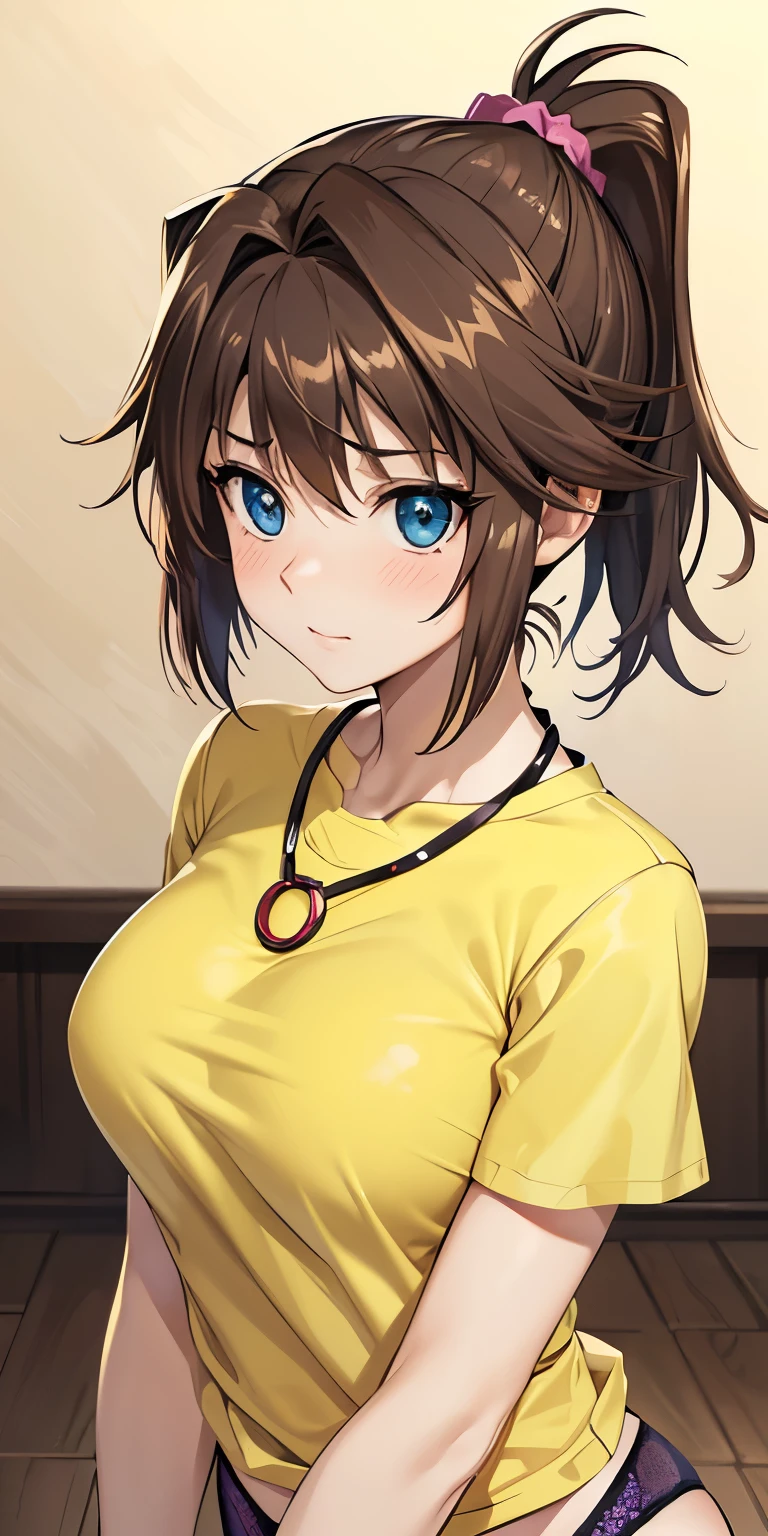 1 Female,High definition,high resolution,Ultra-realistic,8K, bbmazaki, ponytail, hair scrunchie, blue eyes,((yellow shirt)), necklace,European,sexy,Upper body close-up,Photographed from the front,Dynamic Angles,private teacher,A little sheer underwear, underwear,blush, big tits 