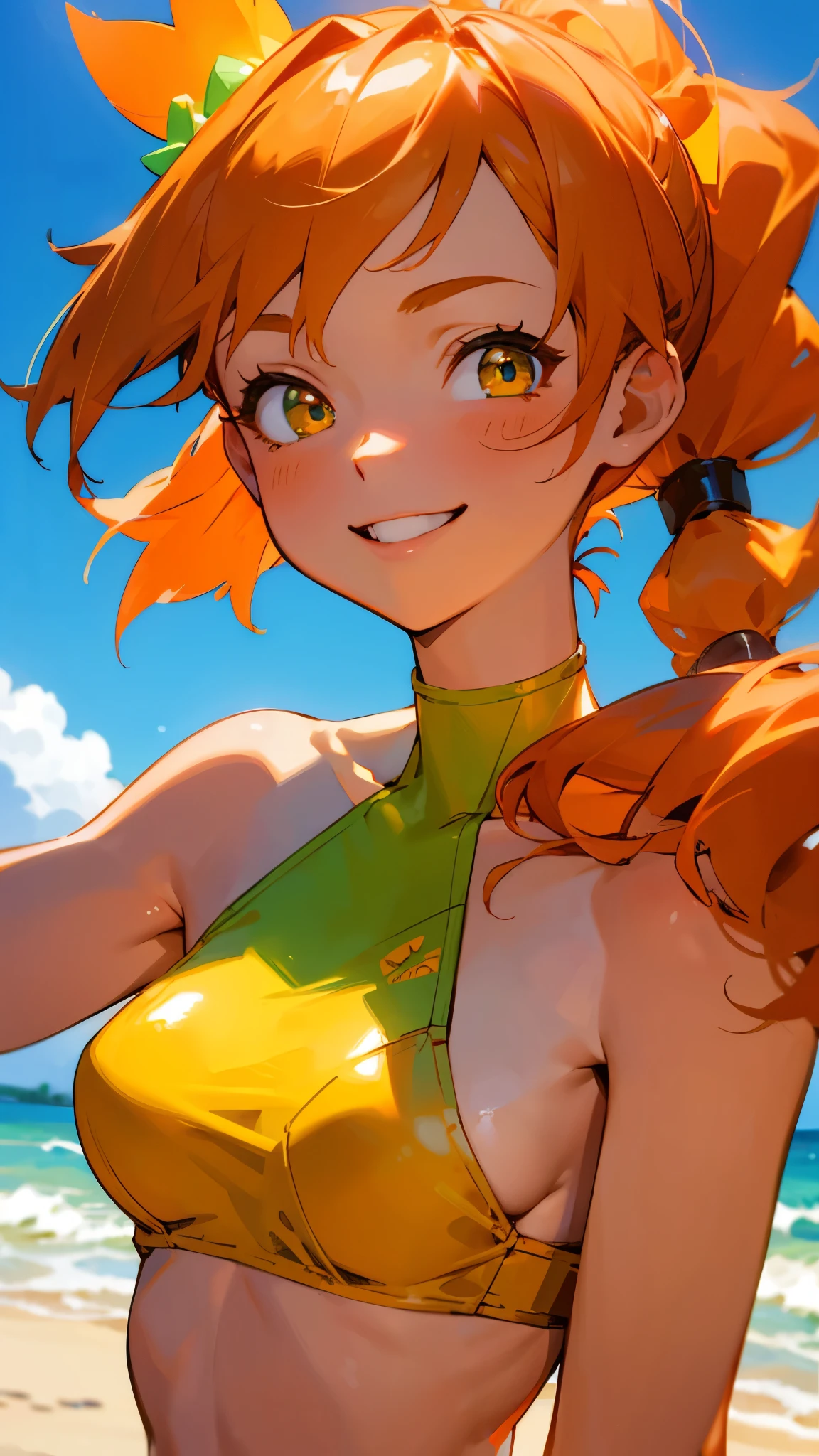 masterpiece、Best Quality、1 girl、Orange Hair、Glowing green eyes、Side Ponytail、smile、Sandy Beach、Beach、Swimwear、bikini、fun、Side body、Upper body close-up