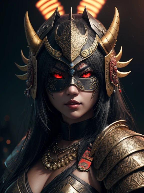 woman, samurai armor, helmet oni evil mask intricate, ornaments detailed, cold colors, metal, egypician detail, highly intricate details, realistic light, trending on cgsociety, glowing eyes, facing camera, neon details, ultra realistic details, portrait full body, japanese atmosphere, global illumination, shadows, octane render, 8 k, ultra sharp