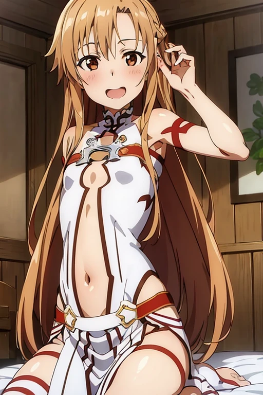 ((Best Quality)), ((masterpiece)), (be familiar with), Perfect Face, indoor, bedroom, Watching the audience,
One woman, Yuuki Asuna,
Open Mouth, Ecstatic expression, blush, smile,
Small breasts, Flat Chest, , , child, Girl,
Long Hair, Long Hair,
Leg spread,