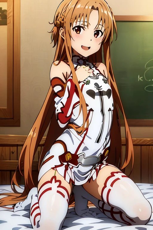 ((Best Quality)), ((masterpiece)), (be familiar with), Perfect Face, indoor, bedroom, Watching the audience,
One woman, Yuuki Asuna,
Open Mouth, Ecstatic expression, blush, smile,
Small breasts, Flat Chest, , , child, Girl,
Long Hair, Long Hair,
Leg spread,