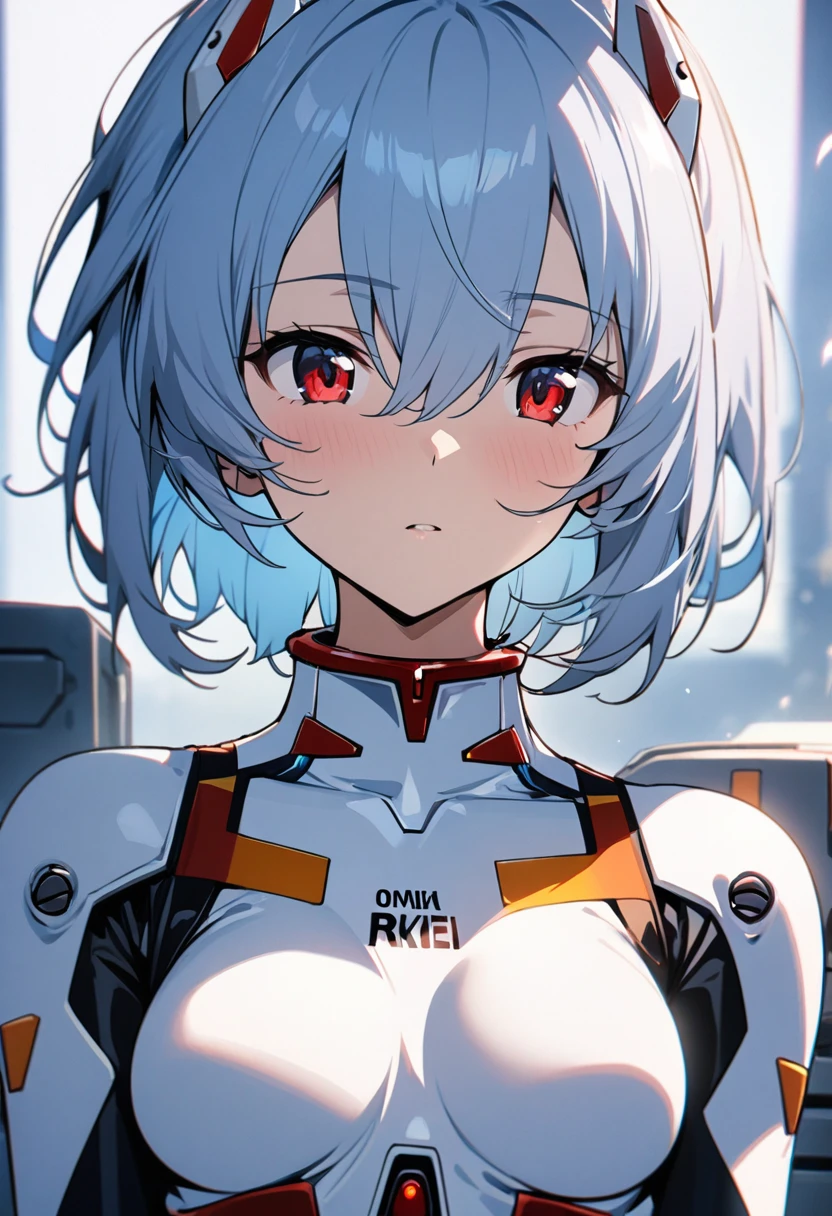 (Masterpiece),(intricate details),1girl,mature female,Brown eyes,Volumetric afro, ,big breasts BREAK reiayanami, rei ayanami, Blue hair, Short hair, (red eyes:1.5), Боди BREAK, headdress, Plugsuit, white bodysuit, Depth of field,looking a viewer,((Sit on , nail_living room,)),((upper-body)),Polka dot panties,smile BREAK day,Sun,rainbow,bus stop,((cumulonimbus clouds)),From directly above:1.1,