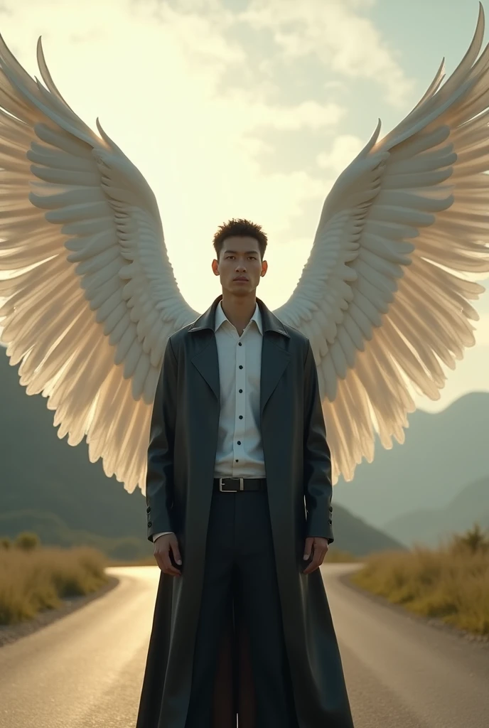 Medium build male with short black hair with two large white wings wearing a white shirt with black leather trench coat and Black pants standing on a road with clouds and the bright sun in the background realistic Close up 