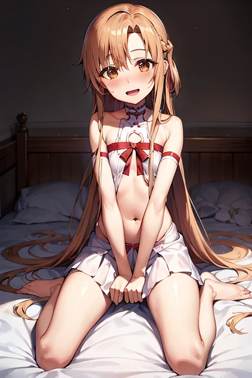 ((Highest quality)), ((masterpiece)), (be familiar with), Perfect Face, indoor, Bedroom, Watching the audience,
One woman, Yuuki Asuna,
Open Mouth, Ecstatic expression, blush, smile,
Small breasts, Flat Chest, , , child, Girl,
Long Hair, Long Hair,
Leg spread,