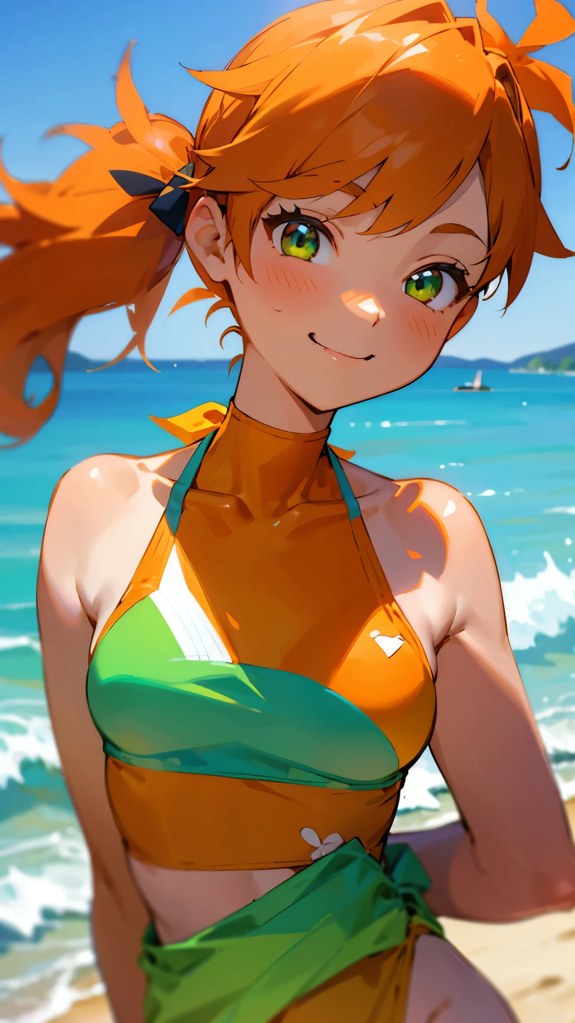masterpiece、Best Quality、1 girl、Orange Hair、Glowing green eyes、Side Ponytail、smile、Sandy Beach、Beach、Swimwear、bikini、fun、Side body、Upper body close-up、Multiview