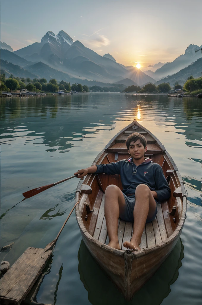 A poor boy waiting in a boat for girl friend, at night,ultra realistic,8k ultra hd