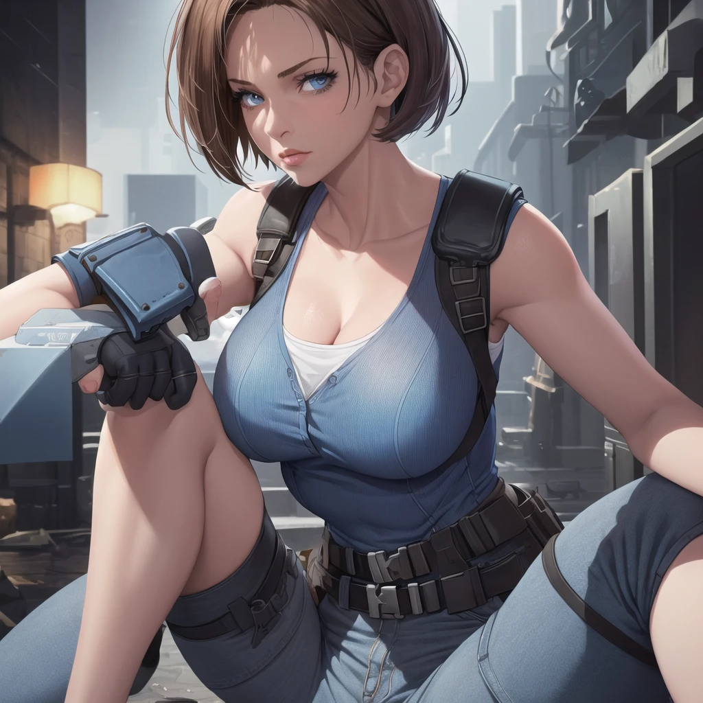 score_9, score_8_up, score_7_up, ((best quality)), ((high resolution)), Jill Valentine, short hair, short hair, blue top, huge breasts, black jean pants, boots, (worried), (pants torn), (prison dungeon), (her arms tied behind her back), (lying on back, on the floor), (legs up), (one zombie grabbing her thighs), (perfect eyes),(curvy body), (side view), rating_safe, (detailed eyes)