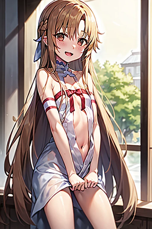 ((Best Quality)), ((masterpiece)), (be familiar with), Perfect Face, indoor, bedroom, Watching the audience,
One woman, Yuuki Asuna,
Open Mouth, Ecstatic expression, blush, smile,
Small breasts, Flat Chest, , , child, Girl,
Long Hair, Long Hair,
Leg spread,