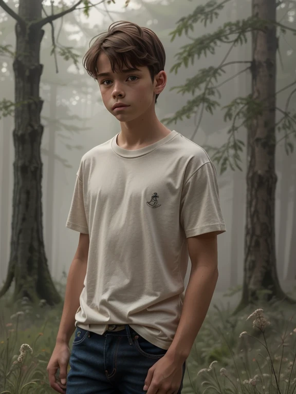 boy, t-shirt, jeans, forest, fog, early morning
