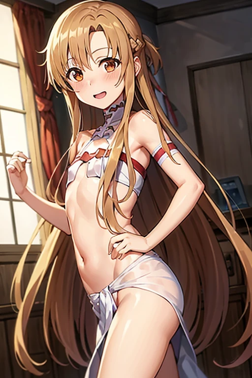 ((Best Quality)), ((masterpiece)), (be familiar with), Perfect Face, indoor, bedroom, Watching the audience,
One woman, Yuuki Asuna,
Open Mouth, Ecstatic expression, blush, smile,
Small breasts, Flat Chest, , , child, Girl,
Long Hair, Long Hair,
Leg spread,