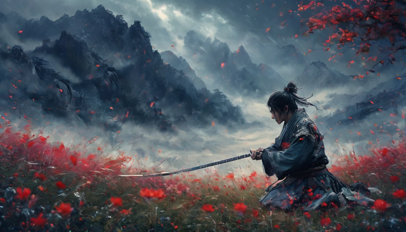 a young man kneeling in a flowery meadow, samurai, night, shining red moon, torn sword, long exposure, highly detailed, 8k, photorealistic, masterpiece, studio lighting, dramatic lighting, cinematic, moody atmosphere, vibrant colors, lush nature, intricate details