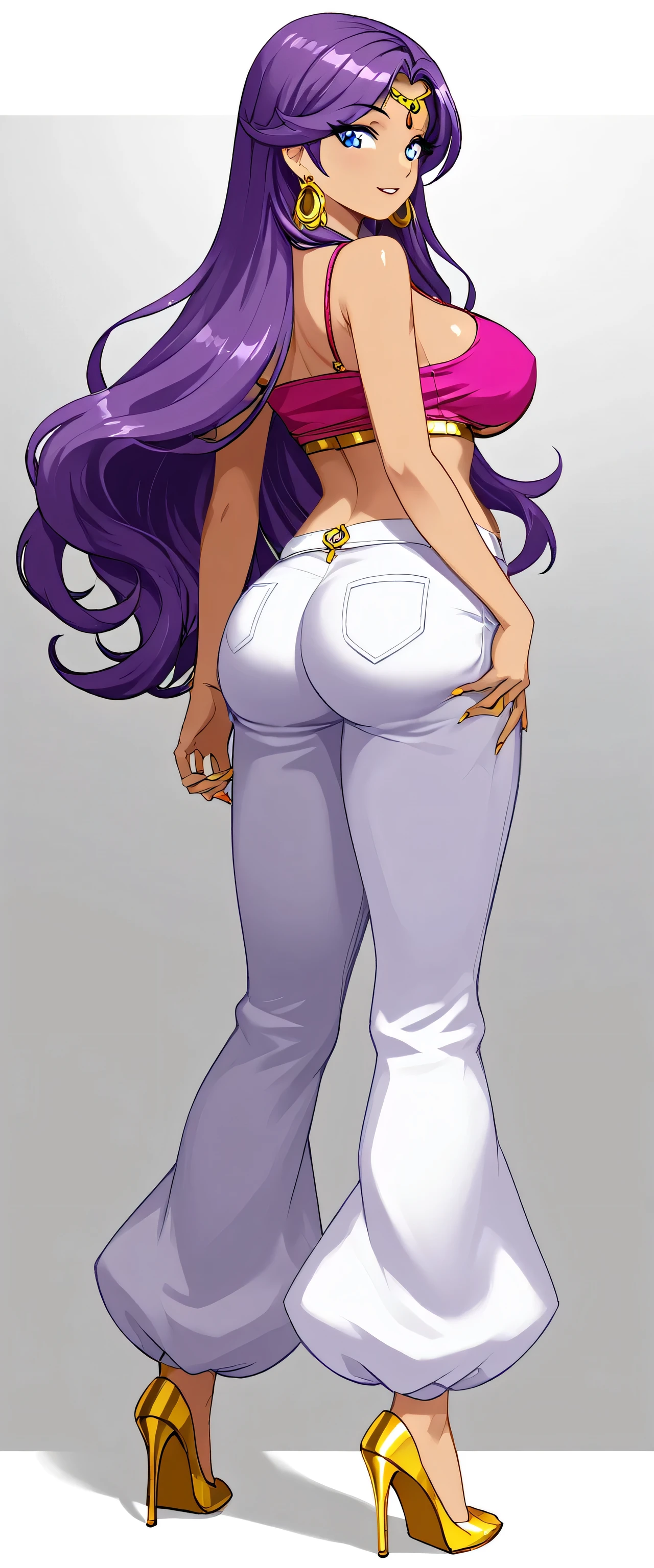 an attractive sexy beautiful Arabian girl with big breasts, long purple hair wavy in the back, her blue eyes are wearing a short pink top with a golden line and long red wide pants with golden heels