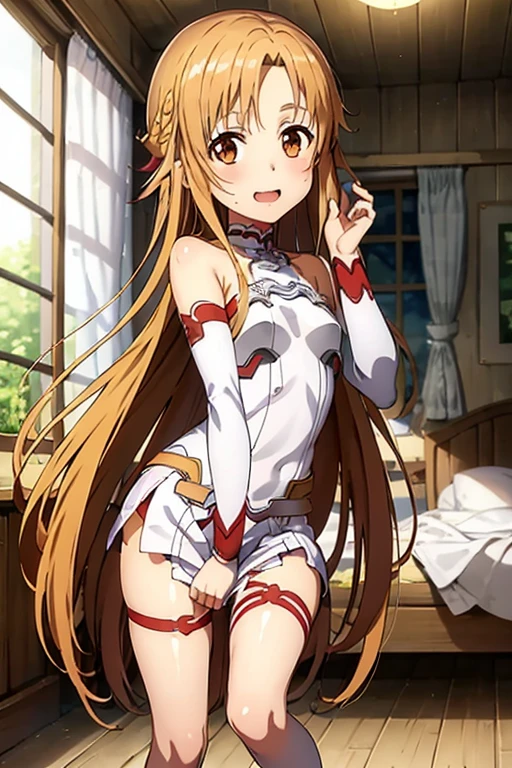 ((Highest quality)), ((masterpiece)), (be familiar with), Perfect Face, indoor, Bedroom, Watching the audience,
One woman, Yuuki Asuna,
Open Mouth, Ecstatic expression, blush, smile,
Small breasts, Flat Chest, , , , Girl,
Long Hair, Long Hair,
Leg spread,