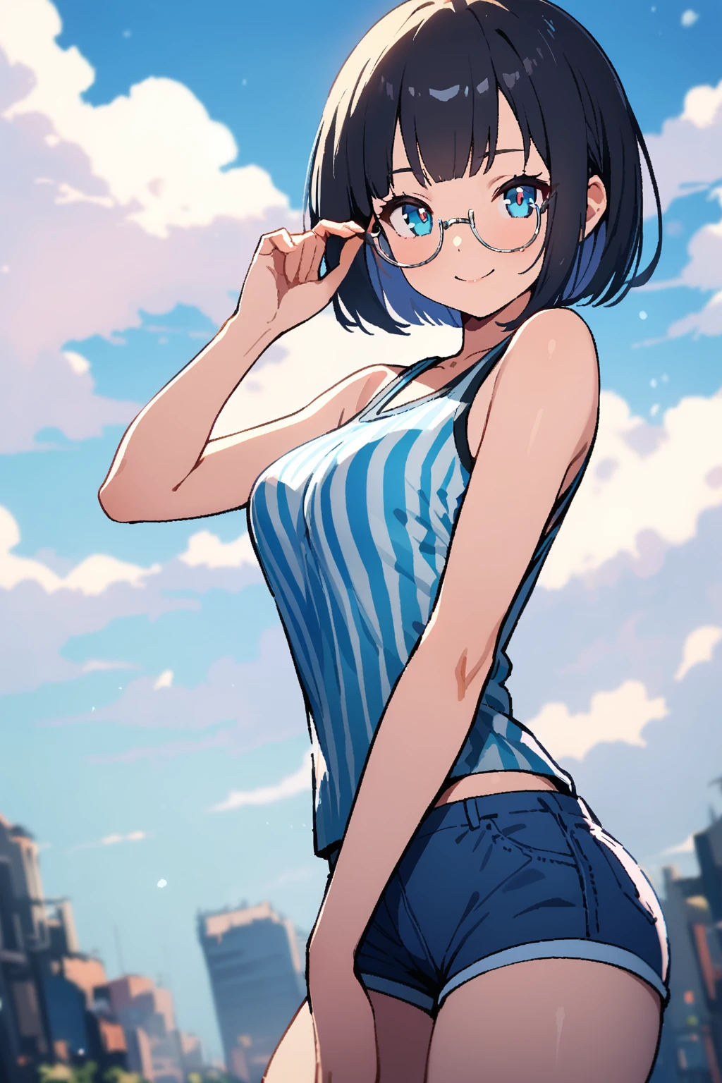 (masterpiece, best quality, highly detailed, teenage), cowboy shot, (((silver semi-rimless round mini eyewear:1.3))), hand on own eyewear, female, solo, shiny eyes, long eyelashes, black hair, Pixie Cut, flat bangs, Blunt Bangs, straight hair,  double-d breasts, (blue horizontally-striped teal tank top,), short blue jean shorts, standing, warm smile, looking at viewer, firmament sky