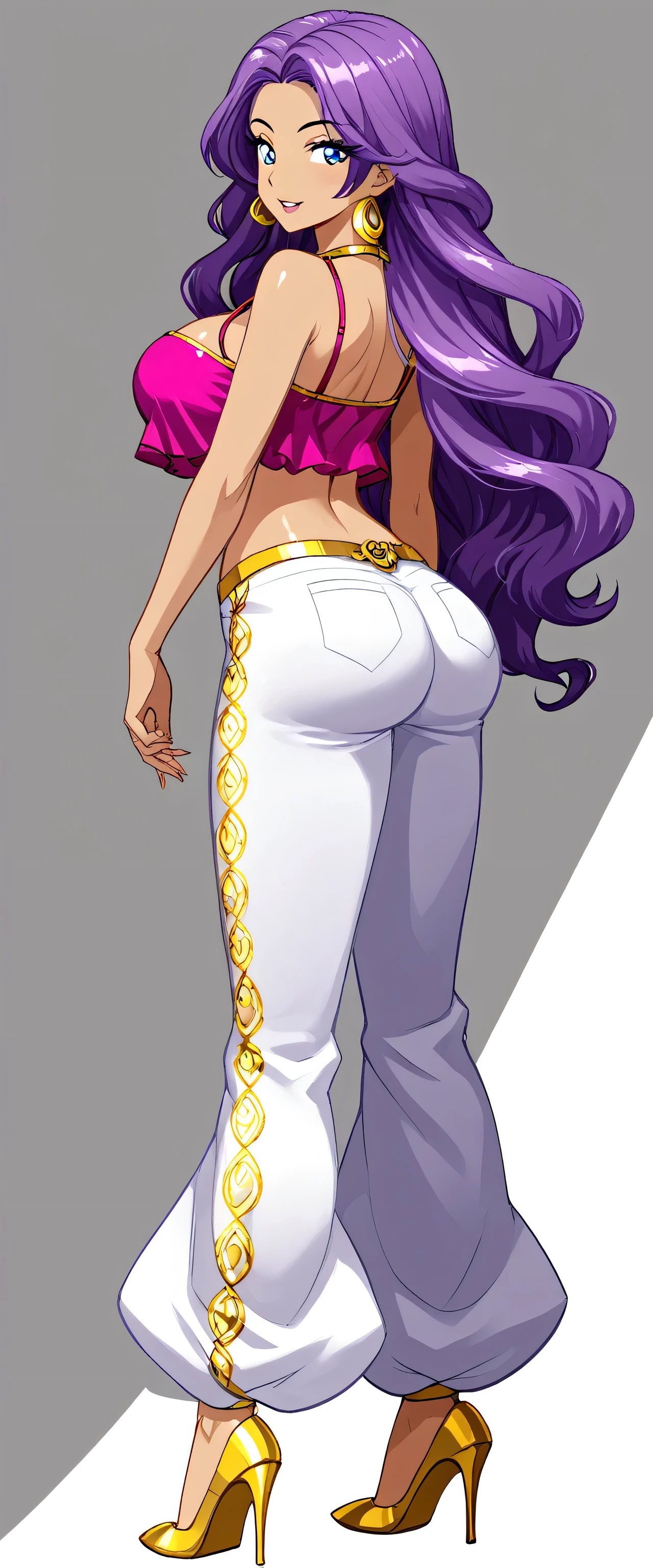 an attractive sexy beautiful Arabian girl with big breasts, long purple hair wavy in the back, her blue eyes are wearing a short pink top with a golden line and long red wide pants with golden heels