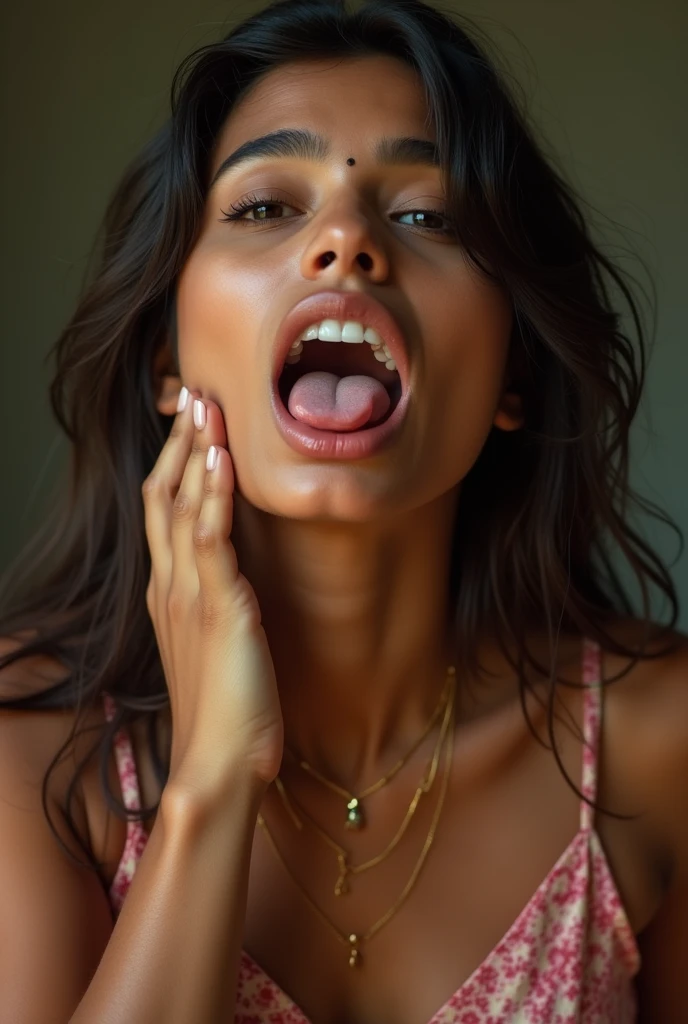 woman 40 years old from a village in Ethiopia completely naked sits on her knees and opened her mouth wide to take a penis in her mouth, she looks at me