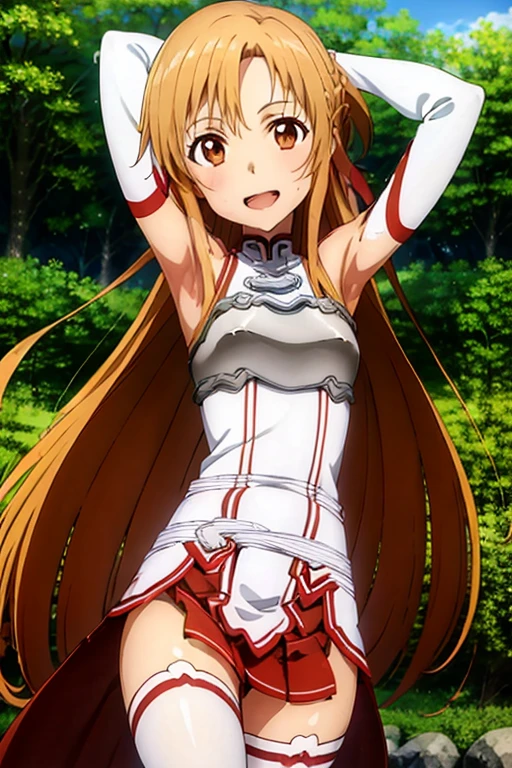 ((Best Quality)), ((masterpiece)), (be familiar with), Perfect Face, indoor, bedroom, Watching the audience,
One woman, Yuuki Asuna,
Open Mouth, Ecstatic expression, blush, smile,
Small breasts, Flat Chest, , , , Girl,
Long Hair, Long Hair,
Leg spread,