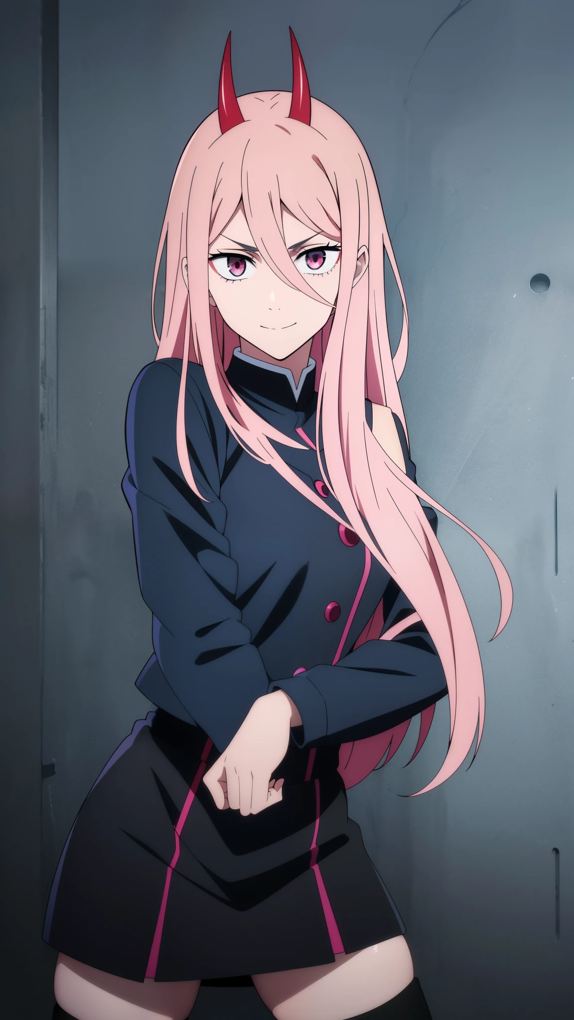 (high-quality, breathtaking),(expressive eyes, perfect face) 1girl, female, solo, ager, pink hair, yellow and red eye color, long hair length, looking at viewer, half body, bright smile, kind face, cheerful expression, red sharp horns, anime shark teeth, dark black blue long sleeved shirt, collared shirt, ((dark black blue Skirt)), black thigh high socks, absolute territory jujutsu kaisen uniform, jujutsu high school uniform, flowy hair, feminine face, long straight hair, grey background, portrait, stylized hairstyle, Power from chainsaw man inspired, (vibrant light pink hair), powers eyes design