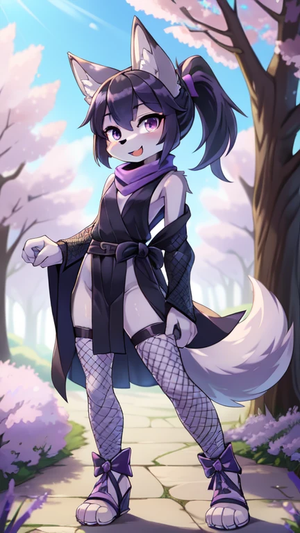 score_9,score_8_up,score_7_up, source_cartoon, source_furry, furry girl, young, wolf, black hair, hair bang covering one eye, long large ponytail, anime style, small breasts, lilac eyes, (wolf tail), (wolf ears), ((dark lilac scarf, dark blue sleeveless kimono, lilac ribbon on ponytail, fish net thights, toeless footwear)), high quality, detailed body, detailed eyes, detailed face, masterpiece, glistening body, detailed body fur, best quality, skinny, spectacular effects, detailed hands, perfect lighting, perfect shadows, perfect eyes, perfect hair, perfect face, gorgeous body, clear gray body fur, detailed hands, glistering body, shiny body, skinny, spectacular effect, fangs, solo, :3, Sakura tree forest, clear sky, full body, feets with three toes, 3 toes, short body, 