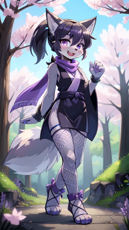 score_9,score_8_up,score_7_up, source_cartoon, source_furry, furry girl, young, wolf, black hair, hair bang covering one eye, long large ponytail, anime style, small breasts, lilac eyes, (wolf tail), (wolf ears), ((dark lilac scarf, dark blue sleeveless kimono, lilac ribbon on ponytail, fish net thights, toeless footwear)), high quality, detailed body, detailed eyes, detailed face, masterpiece, glistening body, detailed body fur, best quality, skinny, spectacular effects, detailed hands, perfect lighting, perfect shadows, perfect eyes, perfect hair, perfect face, gorgeous body, clear gray body fur, detailed hands, glistering body, shiny body, skinny, spectacular effect, fangs, solo, :3, Sakura tree forest, clear sky, full body, feets with three toes, 3 toes, short body, 