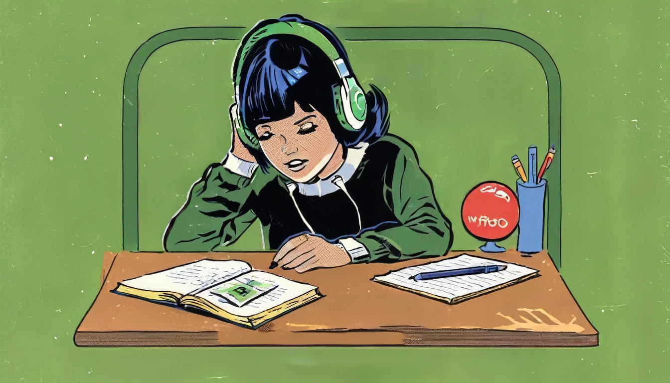 A girl studying on the desk, wearing wireless headphones, a black short hair, cute, taking a note, her eyes on the book, solid green background with other no elements, wearing a hoodie, 1 girl, Only, look down at a book, steven rhodes