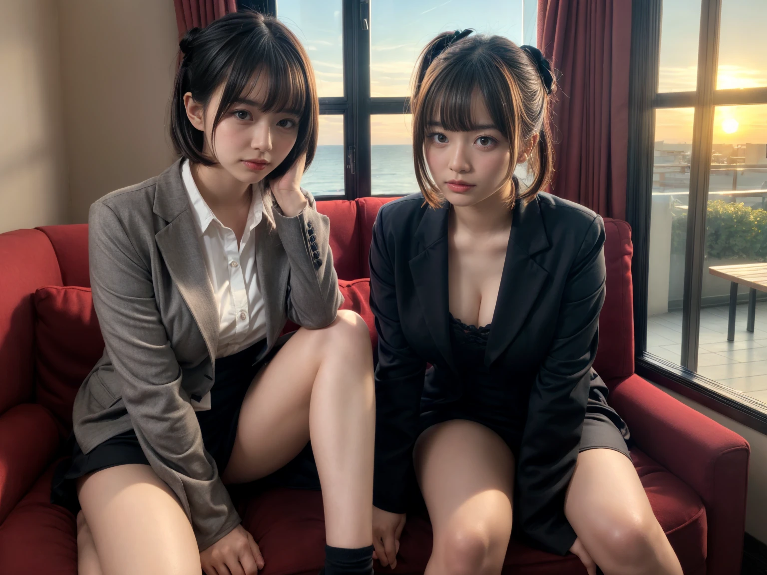 deux femmes ensemble de 18 ans sexy et mince qui se touche , black short sleeve jacket , dans une salle de classe ,position sensuel