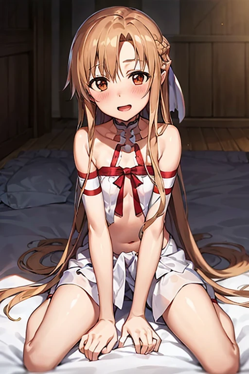 ((Best Quality)), ((masterpiece)), (be familiar with), Perfect Face, indoor, bedroom, Watching the audience,
One woman, Yuuki Asuna,
Open Mouth, Ecstatic expression, blush, smile,
Small breasts, Flat Chest, , , , Girl,
Long Hair, Long Hair,
Leg spread,