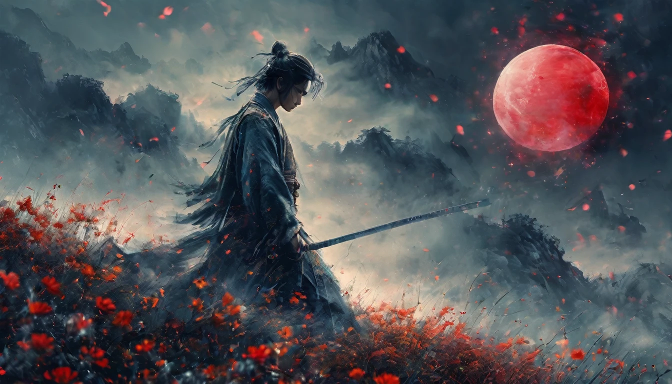 a young man kneeling in a flowery meadow, samurai, night, shining red moon, torn sword, long exposure, highly detailed, 8k, photorealistic, masterpiece, studio lighting, dramatic lighting, cinematic, moody atmosphere, vibrant colors, lush nature, intricate details