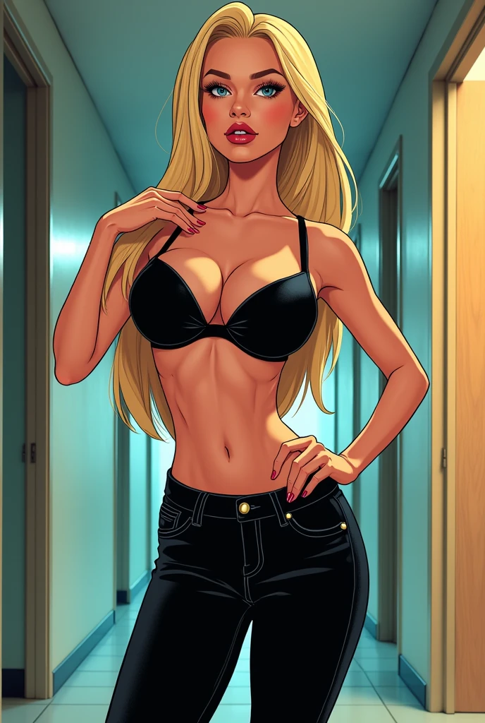 LightCom, 1girl, solo, long hair, breasts, looking at viewer, skirt, blonde hair, thighhighs, white background, navel, cleavage, jewelry, medium breasts, underwear, full body, earrings, boots, choker, belt, miniskirt, nail polish, black footwear, bra, black eyes, high heels, plaid, tattoo, makeup, thigh boots, black choker, plaid skirt, lipstick, black bra, pink nails, high heel boots, pink skirt, hoop earrings, <lora:LightComic-01:0.75>
