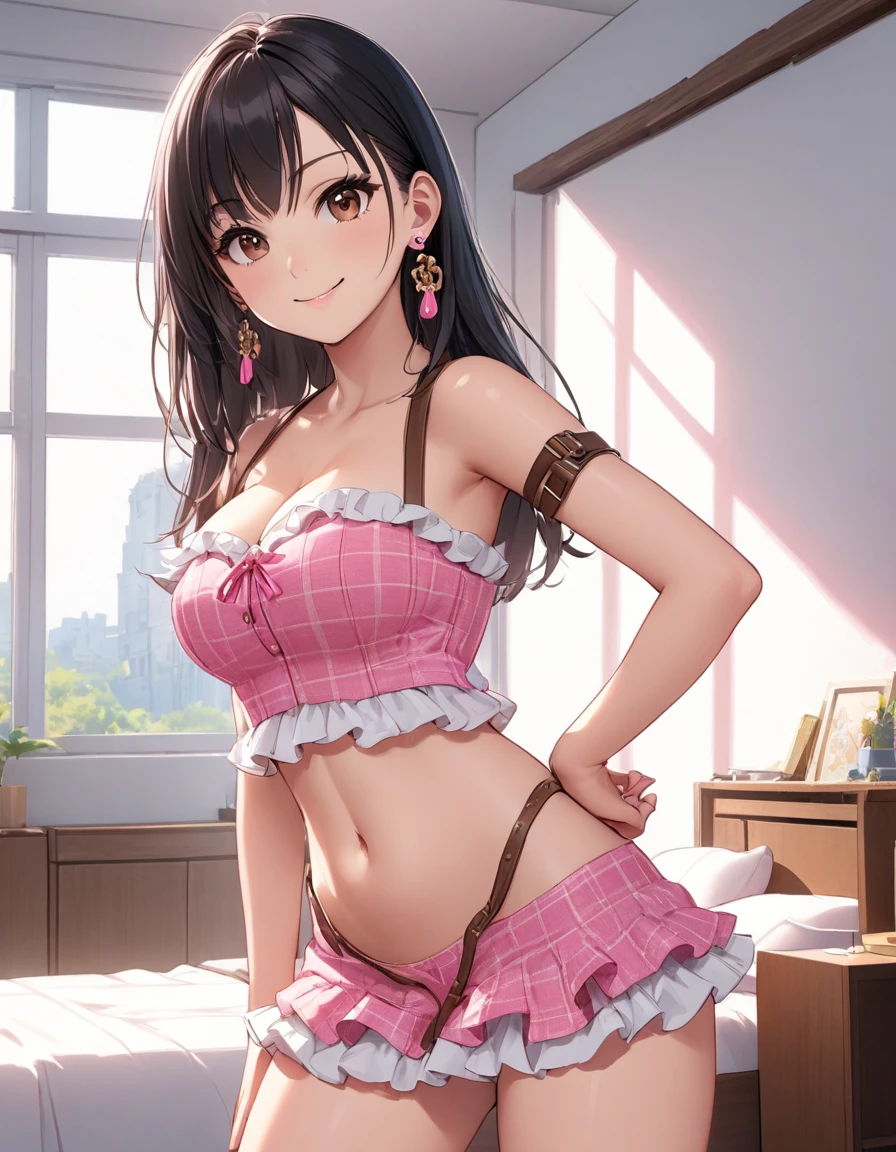 4k, bestquality, detailed, detailed scenery, detailed eyes, 1Girl, cute, adorable, straight hair, long hair, black hair, brown eyes, cleavage, smiling, looking at the camera, at my room, standing, (contrapposto:1.2), (hand on hip:1.2), morning, daylight, from thighs to head, BREAK (pink and white theme:1.5), (tweed pink strapless short camisole with lace-up:1.4), ((bare shoulder, navel, bare belly):1.3), (shoulder strap with ruffles:1.4), (tweed micro pink tiered skirt with ruffles:1.4), (earrings with bell:1.2)