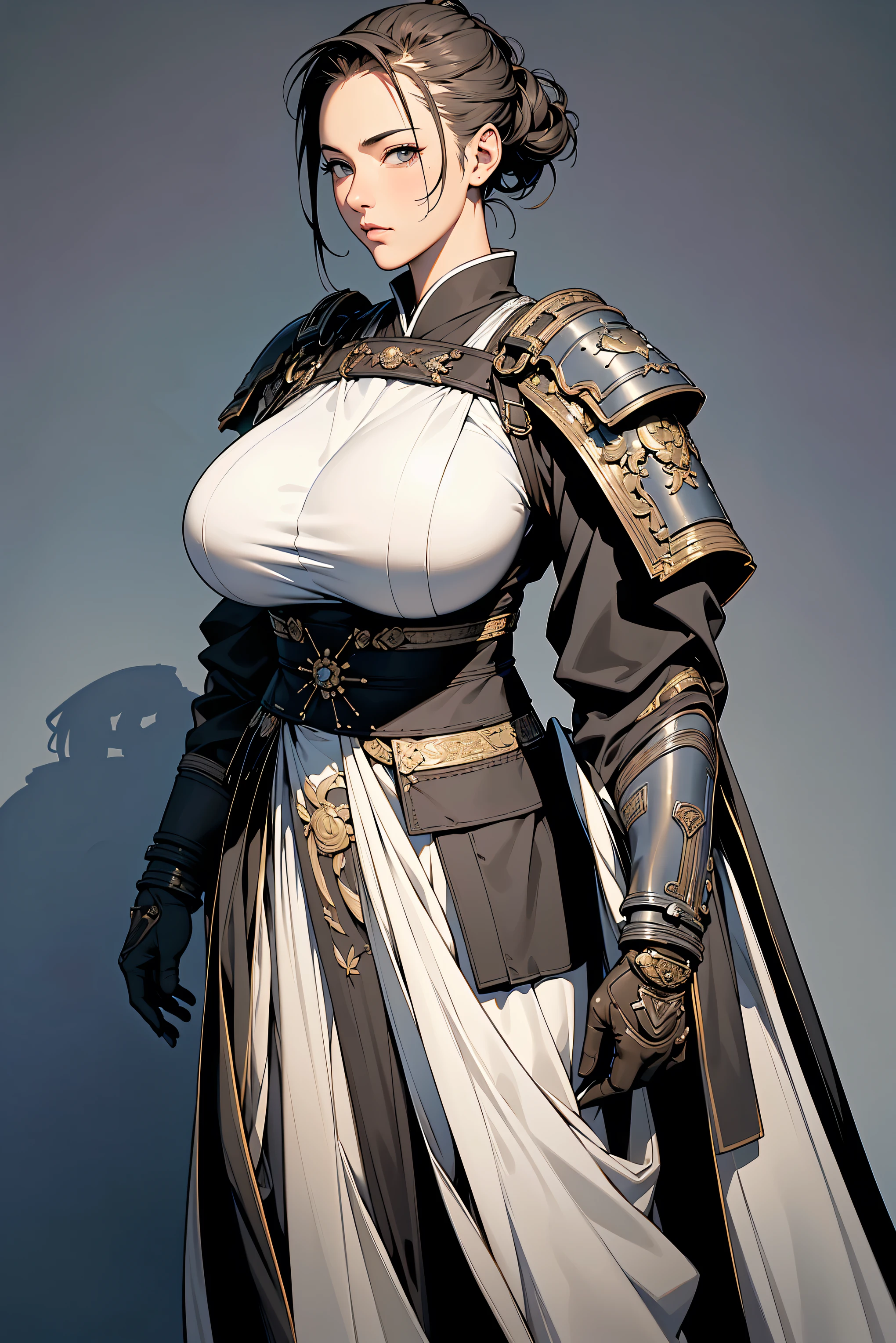 (masterpiece, photorealistic:1.37, best detail, award winning), 1girl, realistic, (huge breasts:1.6), (huge sagging:1.5), military style shaved hair, futuristic samurai, anatomically correct, standing, intricatedetails, looking at viewer, facing viewer, cast shadows, medium angle