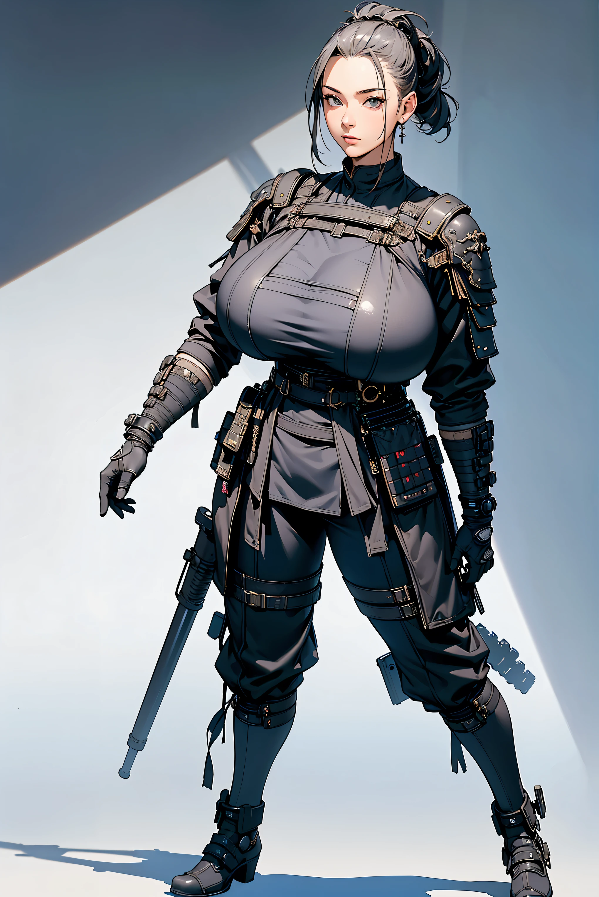 (masterpiece, photorealistic:1.37, best detail, award winning), 1girl, realistic, (huge breasts:1.5), (huge sagging), military style shaved hair, futuristic samurai, anatomically correct, standing, looking at viewer, facing viewer, intricatedetails, cast shadows, medium angle