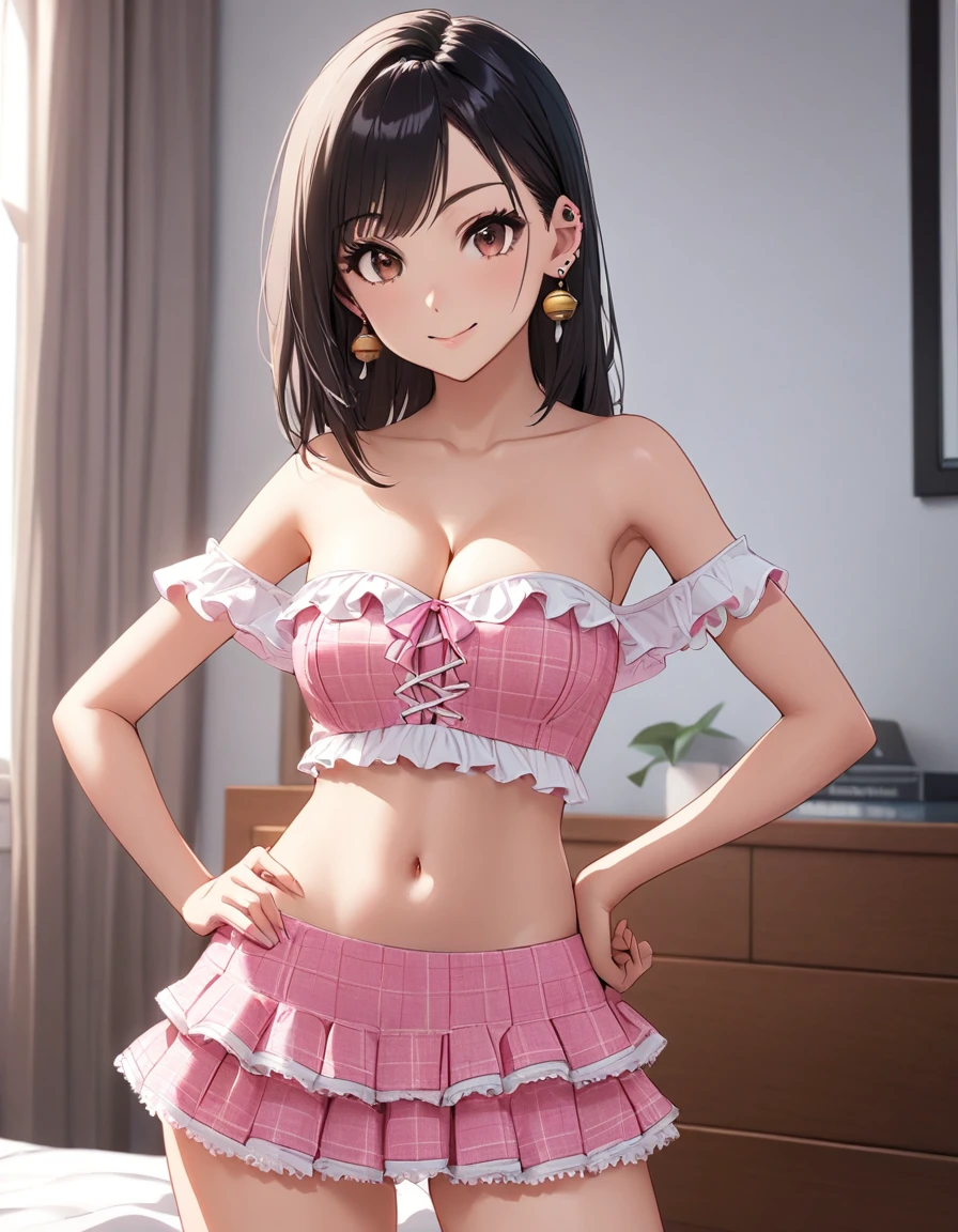 4k, bestquality, detailed, detailed scenery, detailed eyes, 1Girl, cute, adorable, straight hair, long hair, black hair, brown eyes, cleavage, smiling, looking at the camera, at my room, standing, (contrapposto:1.2), (hand on hip:1.2), morning, daylight, from thighs to head, BREAK (pink and white theme:1.5), (tweed pink strapless short camisole with lace-up:1.4), ((bare shoulder, navel, bare belly):1.3), (shoulder strap with ruffles:1.4), (tweed micro pink tiered skirt with ruffles:1.4), (earrings with bell:1.2), from front