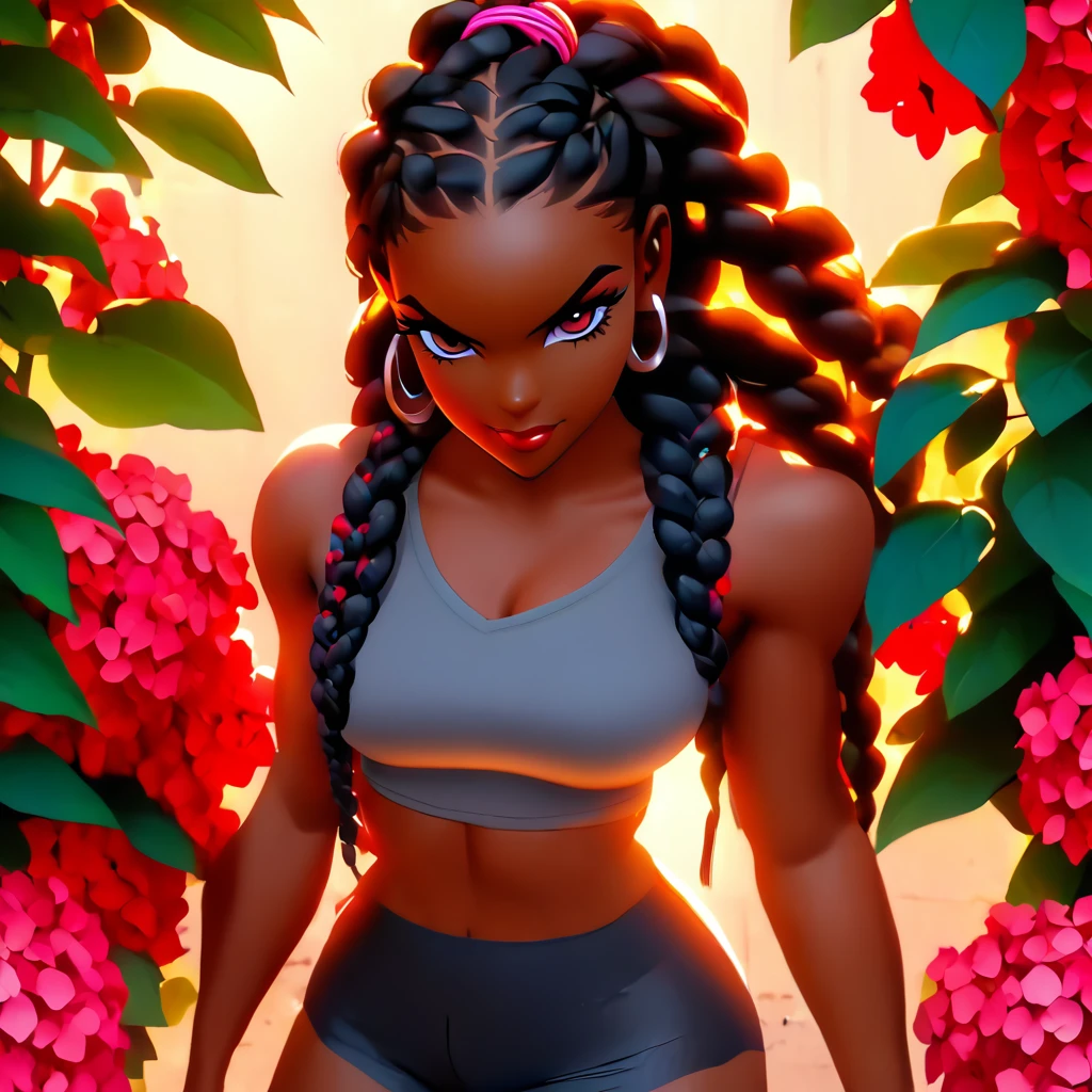 4K, June Scenario, Beautiful black woman, long braided hair, medium breasts, red colored eyes, grey shirt, hot pants, red necklace, gazing at viewer, natta, colorful hydrangea