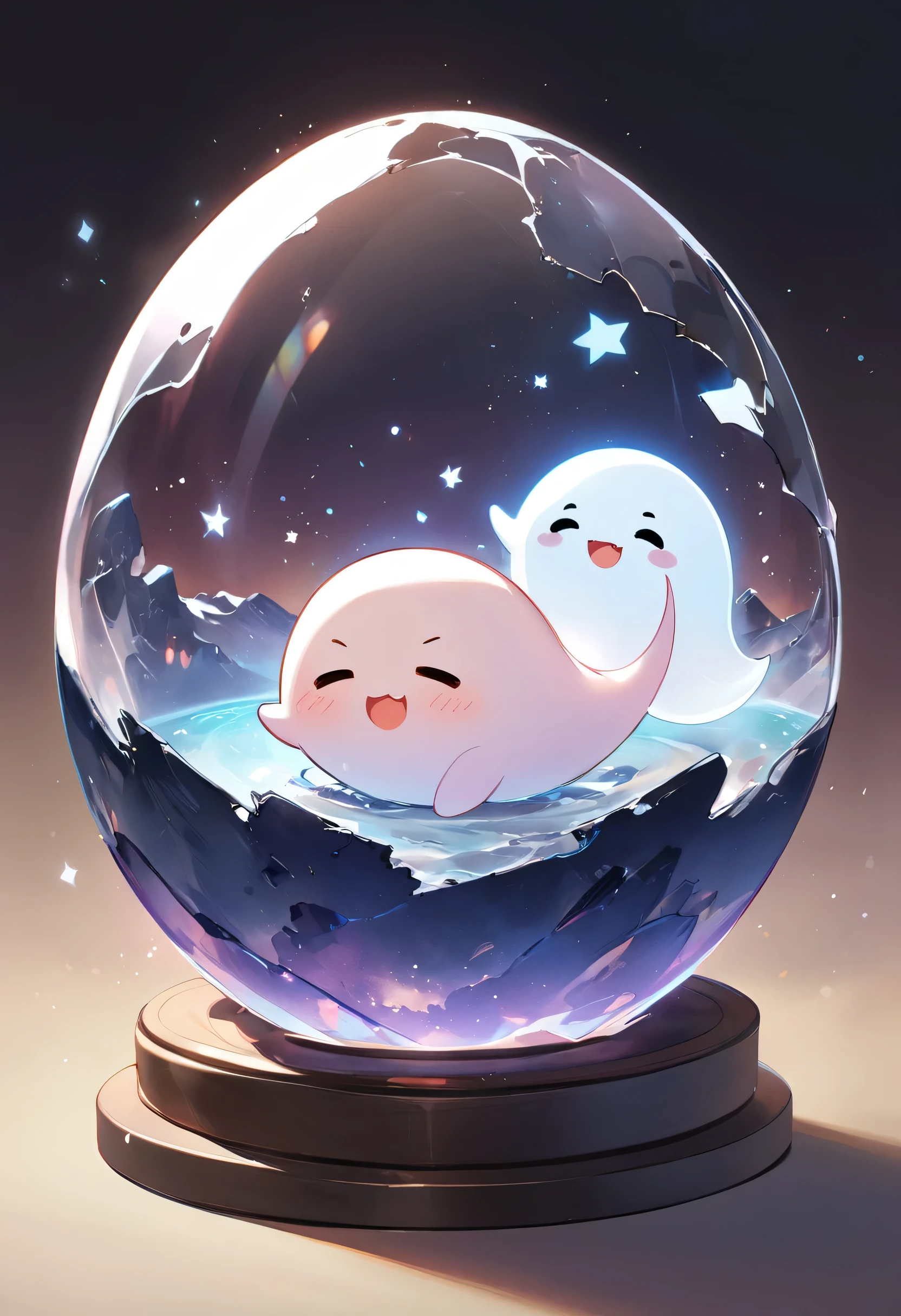 Chibi Character:1.5、ghost:1.5、In a cracked egg shell、A single antenna resembling a flyaway hair、It has a spherical head, a cylindrical body, and a long, thin tail.、The body becomes more transparent from head to tail.