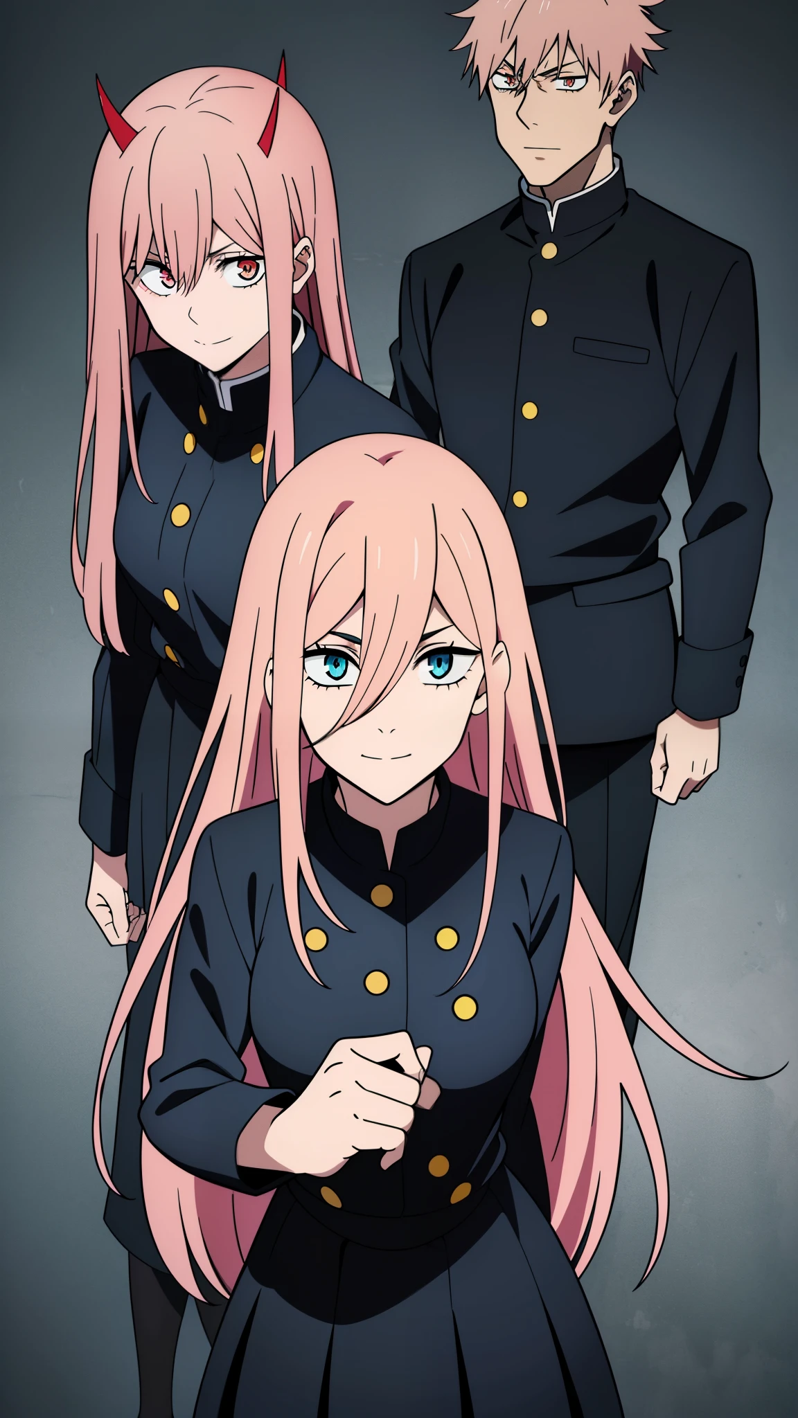 (high-quality, breathtaking),(expressive eyes, perfect face) 1girl, female, solo, teenager, pink hair, yellow and red eye color, long hair length, looking at viewer, half body, bright smile, kind face, cheerful expression, red sharp horns, anime shark teeth, dark black blue long sleeved shirt, collared shirt, ((dark black blue Skirt)), black thigh high socks, absolute territory jujutsu kaisen uniform, jujutsu high school uniform, flowy hair, feminine face, long straight hair, grey background, portrait, stylized hairstyle, Power from chainsaw man inspired, (vibrant light pink hair), powers eyes design