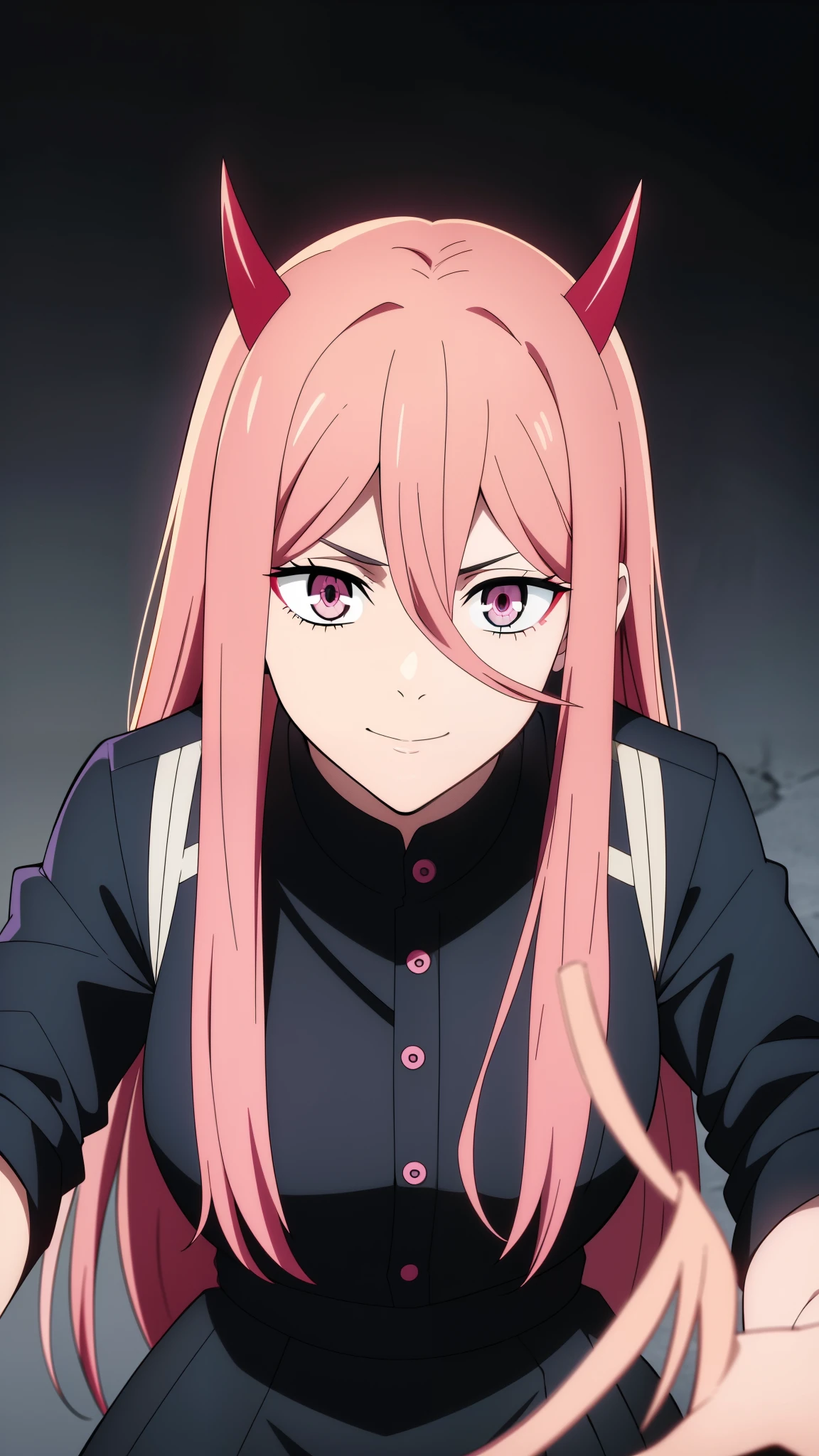 (high-quality, breathtaking),(expressive eyes, perfect face) 1girl, female, solo, teenager, pink hair, yellow and red eye color, long hair length, looking at viewer, half body, bright smile, kind face, cheerful expression, red sharp horns, anime shark teeth, dark black blue long sleeved shirt, collared shirt, ((dark black blue Skirt)), black thigh high socks, absolute territory jujutsu kaisen uniform, jujutsu high school uniform, flowy hair, feminine face, long straight hair, grey background, portrait, stylized hairstyle, Power from chainsaw man inspired, (vibrant light pink hair), powers eyes design