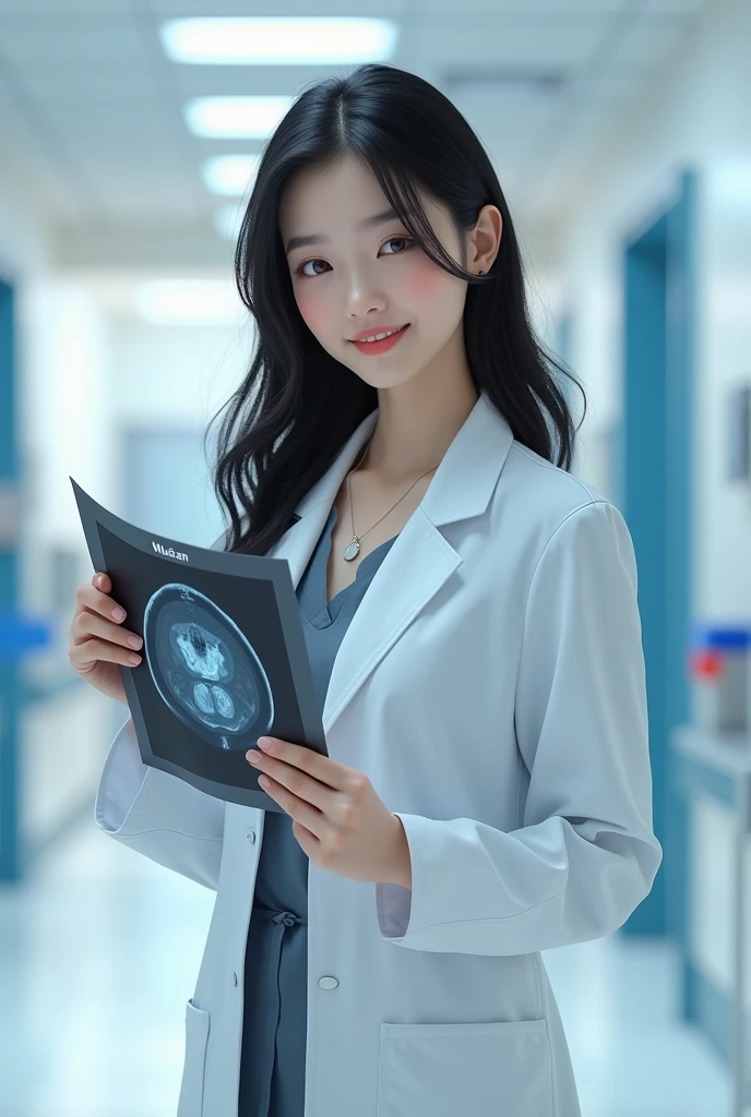 Doctor, 1 woman, solo, sitting (Looking at the audience), (white lab coat:1.5), long skirt ,Stylish clothes mature woman /(dark brown hair/) Bangs, smiling kindly (The best quality masterpiece:1.2) , Delicate illustrations, Special details, (hospital examination room) In the building, desk (X-ray image of the lungs:1.2) Detailed background