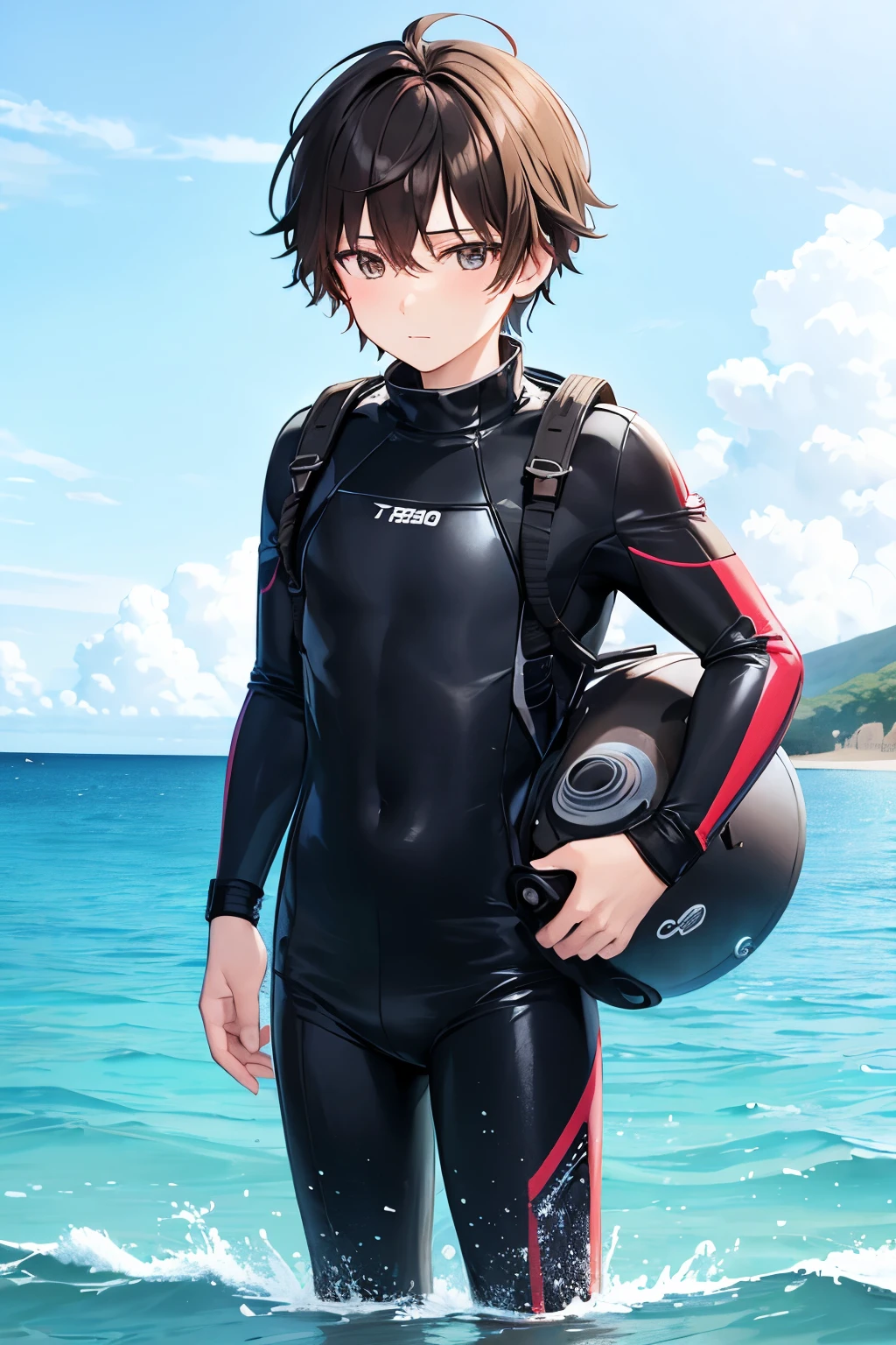Anime girl in wetsuit holding a helmet in the ocean - SeaArt AI