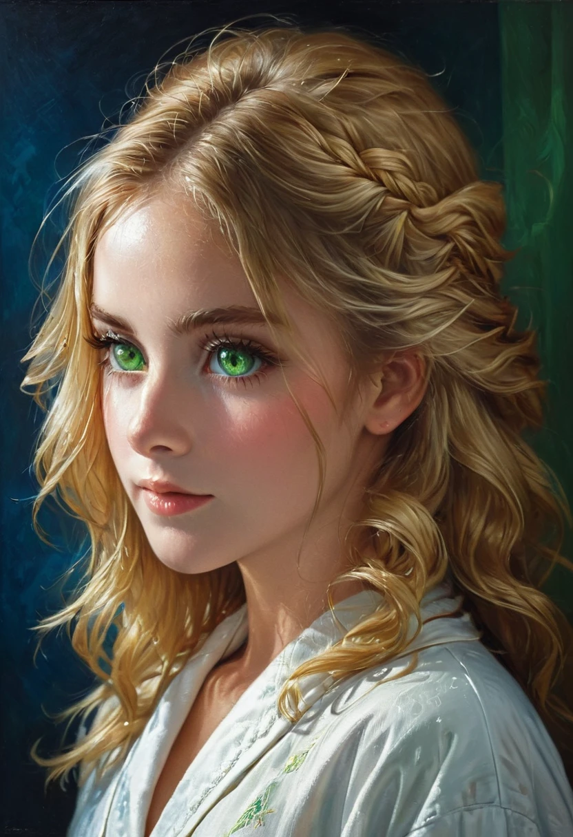 a portrait of a beautiful young girl, 1, with long bright blonde hair, green eyes, wearing a classic white pajama robe, in a classical portrait style, oil painting, side view, face in focus, small smile, plain blue background, highly detailed, photorealistic, cinematic lighting, delicate skin, intricate facial features, elegant expression