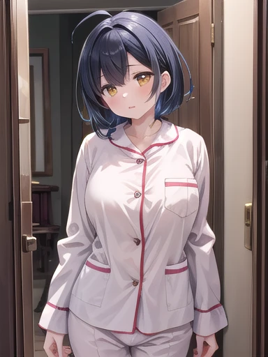 masterpiece, best quality, highres, aasugu, short hair, hairclip, cleavage, pajamas, red shirt, dress shirt, bare legs, standing, cowboy shot, indoors, room
