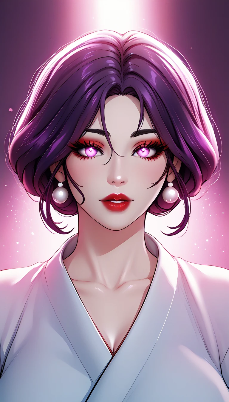 a hot sexy milf, large saggy breasts, wearing a traditional japanese yukata, pearl earrings, full makeup, red lipstick, violet colored hair in a bun, (best quality,4k,8k,highres,masterpiece:1.2),ultra-detailed,extremely detailed eyes and face,beautiful detailed lips,long eyelashes,intricate details,cinematic lighting,vibrant colors,dramatic lighting