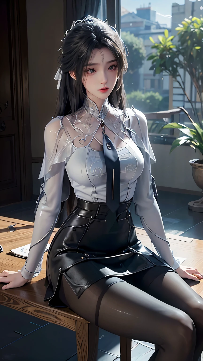 1girl,young girl, shiny skin,small breasts,nice leg line:1.3, thin waist,school uniform, thighhighs,necktie,((pencil skirt)),looking at viewer,from below,full body, ( pantyhose:1.3),(The golden ratio figure), masterpiece, best quality, best perspective, ultra-detailed and intricate, extremely delicate and beautiful, best quality light, (ray tracing:1.1), anti-aliasing, realistic,photorealistic,award-winning illustration,(intricate details:1.2),(delicate detailed) (intricate details),(cinematic light,best quality Backlights),clear line,sharp focus,official art,unity 8k wallpaper,absurdres,incredibly absurdres,huge filesize,ultra-detailed,highres,extremely detailed extremely delicate and beautiful,RAW photo, professional lighting,dynamic lighting,light on the face,depthoffield,solofocus,cool beauty,tall woman,while hair,Precisely expresses details such as face and skin texture,beautiful eye,double eyelid,delicate skin,slender body shape,alone,
