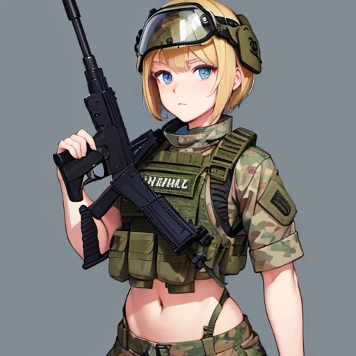 Young girl, short blonde hair, blue eyes, soldier's camouflage uniform, sleeveless, open belly, tactical helmet, mount mask, gun, serious look, masterpiece, high quality