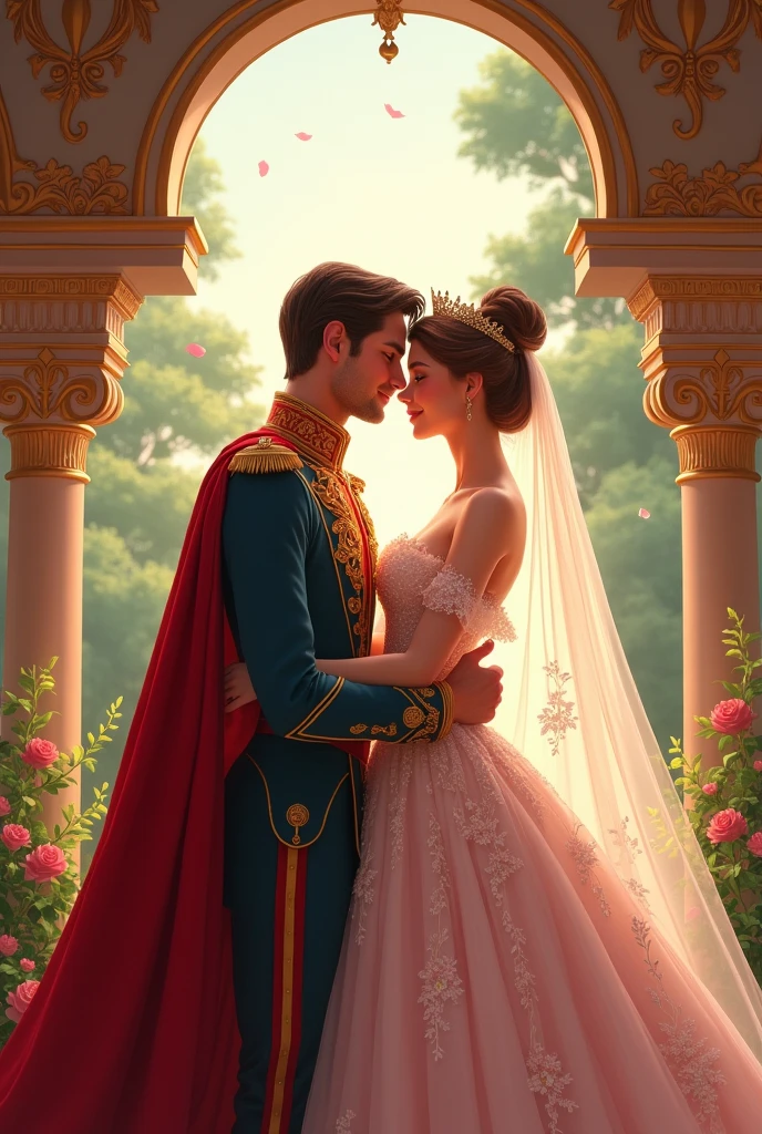 Couple kisses a home and a woman with much affection, the man Neels Visser is a prince who has golden blonde hair, wears a medieval military outfit and is in love with the commoner woman Lily Collins, who has curly brown black hair and wears a red dress, illustration of a romance book cover with a detailed background, smooth, bright full of ivy-covered flowers and red roses, castle, ornate dress standing on a bed of roses, rim light, dynamic lighting, ethereal lighting, ultra detail, conceptual art, elegant, surreal, art by Lisa Aisato, Greg Hildebrandt, Citemer Liu, Stjepan Sejic, Samyang, Aykut Aydogdu, Justin Gerard, Alphonse Mucha, Artgerm, WLOP and Greg Rutkowski
